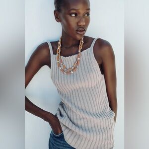 Zara Squared Ribbed Knit Textured Women's Knitwear Tank Top in Beige